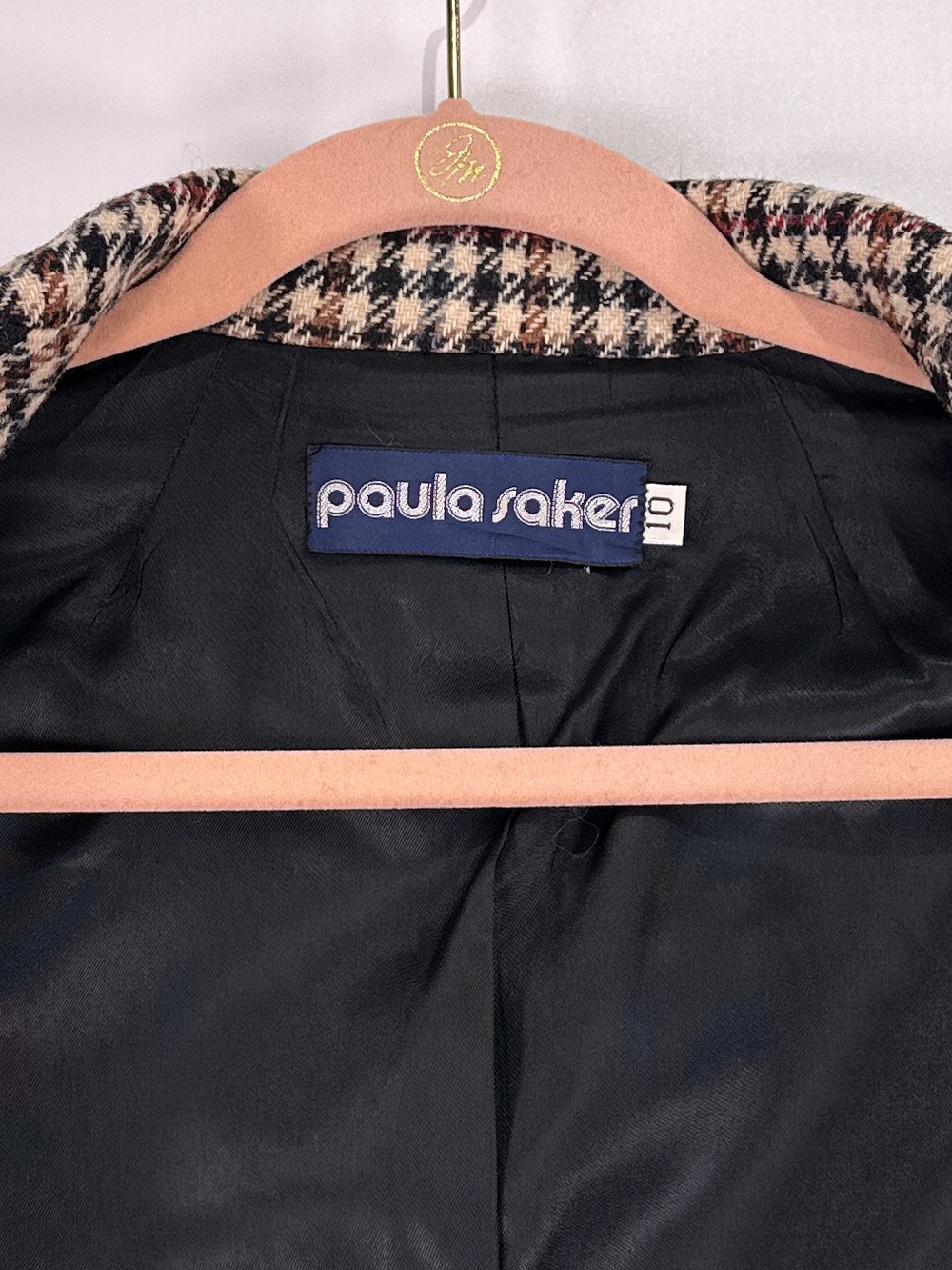 Paula Saker Vintage Blazer Suede Patches Houndstooth Tan Size 10 - Picture 10 of 13